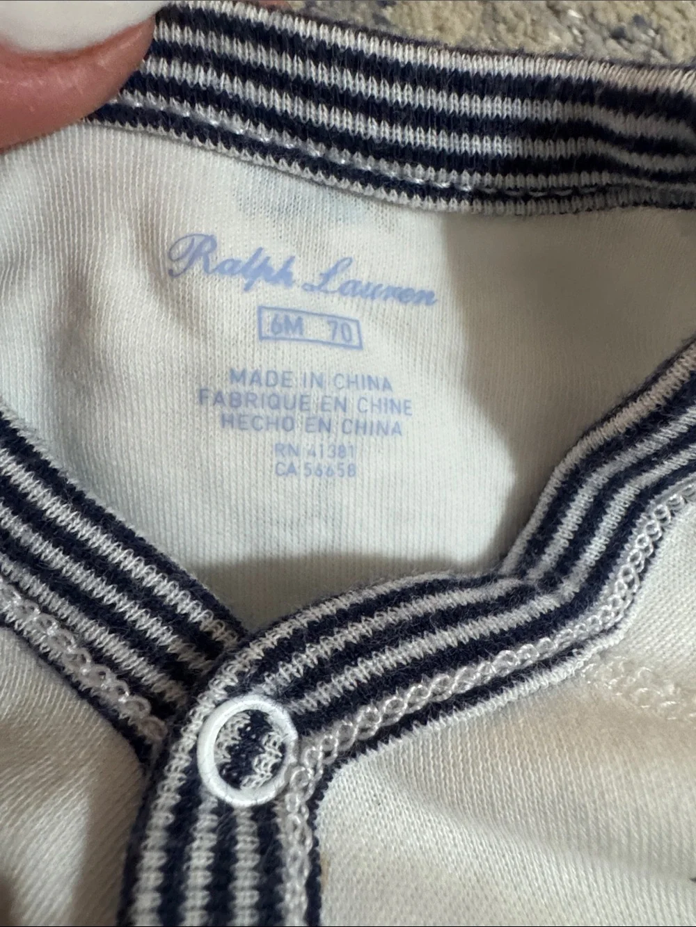 Ralph Lauren Cream Footed One-Piece with Navy Trim and Bear Motif 6 months
